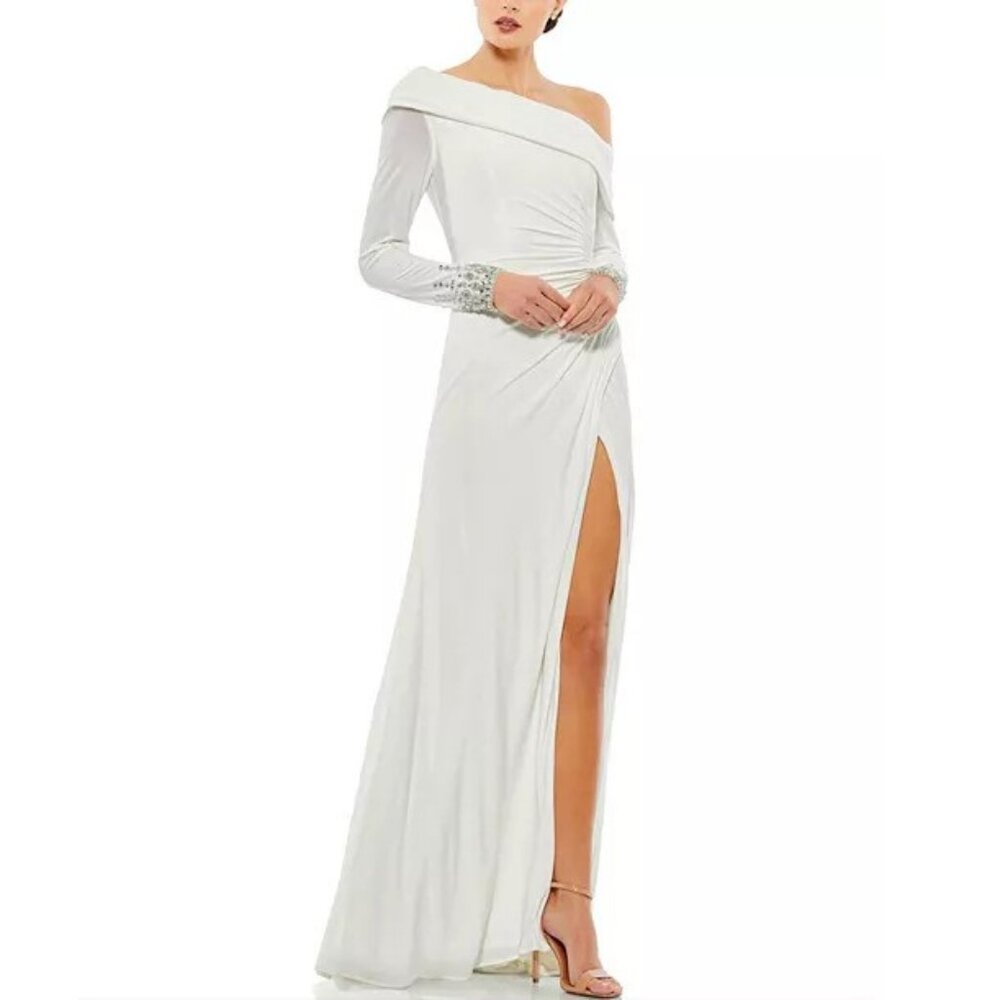 Mac Duggal Off-Shoulder White Evening Gown with Embellished Cuffs